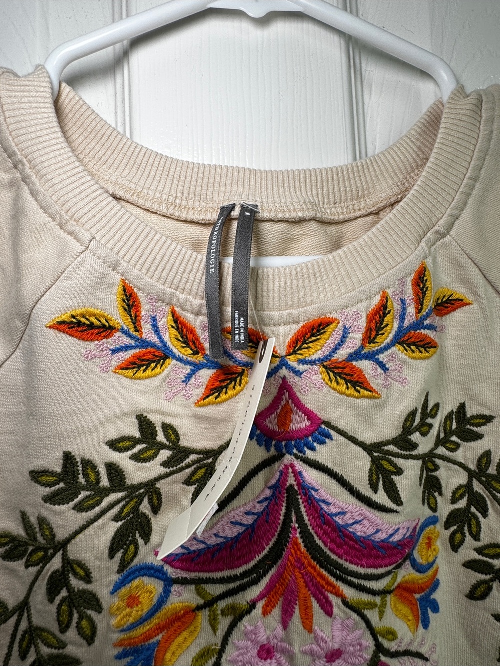 Anthropologie Cream Embroidered Floral Crewneck Sweatshirt - Picture 4 of 8